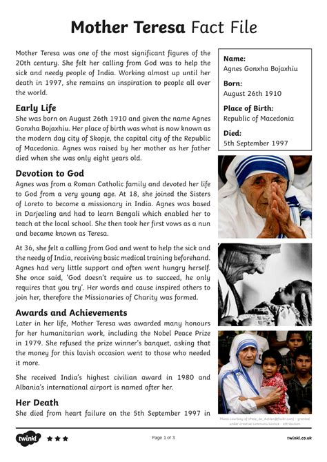 fact file about mother teresa